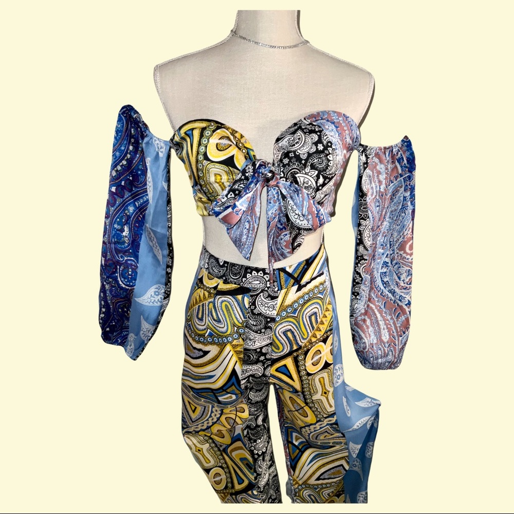 SATIN TWO-PIECE BANDEAU SET!! - Bandeau Sleeved Top & Pants - Size XL